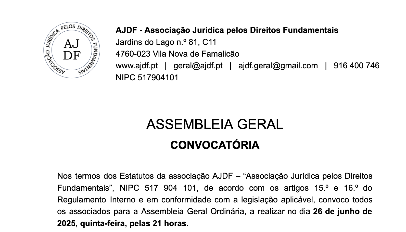 Convocatória – Assembleia Geral – 26 junho -21h
