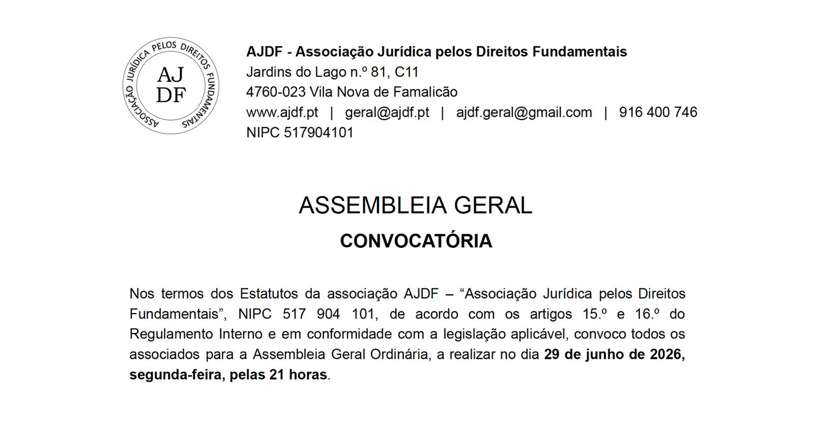 Convocatória – Assembleia Geral – 29 junho 2026 – 21h